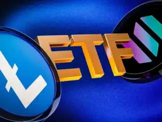 Logotipos de Litecoin (L em branco) e outra criptomoeda ao lado da sigla ETF em dourado sobre fundo azul.