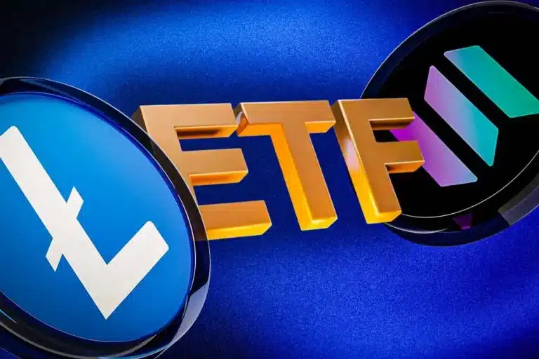 Logotipos de Litecoin (L em branco) e outra criptomoeda ao lado da sigla ETF em dourado sobre fundo azul.