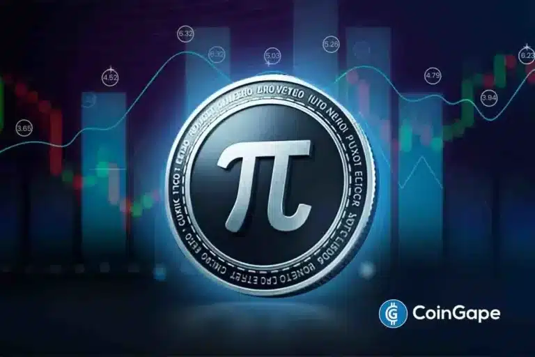 Moeda digital Pi Coin com símbolo π em destaque sobre fundo com gráficos de mercado em tons de azul e verde.