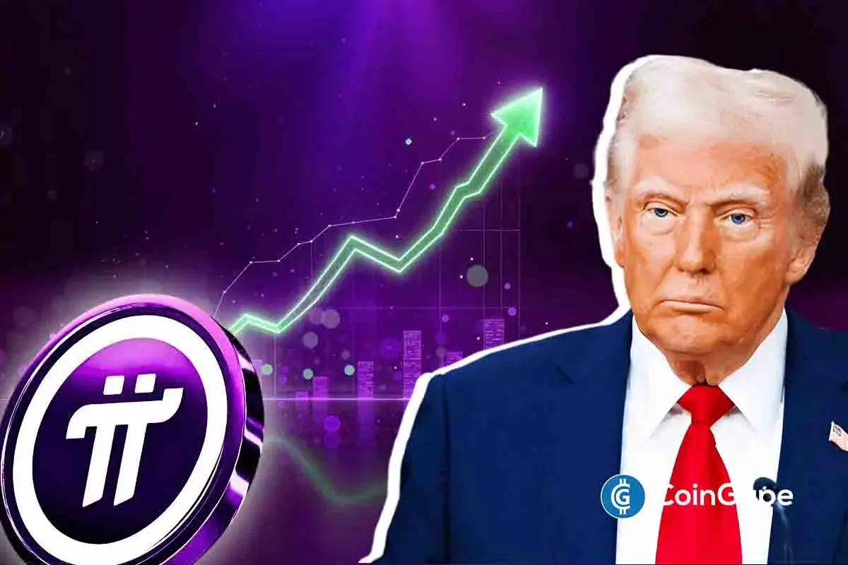 Montagem com o símbolo da Pi Network, um gráfico de alta em verde e a imagem do presidente Donald Trump em fundo roxo.
