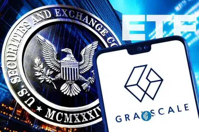 Logotipo da SEC (Comissão de Valores Mobiliários dos EUA) ao lado do logotipo da Grayscale em um smartphone, com fundo azul digital.