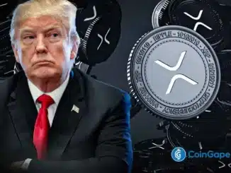 Montagem que mostra o presidente Donald Trump ao lado de moedas de XRP, ilustrando a relação entre suas novas tarifas e o mercado de criptomoedas.