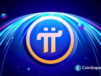 Símbolo da Pi Network centralizado em um círculo dourado sobre fundo azul digital com efeitos luminosos.