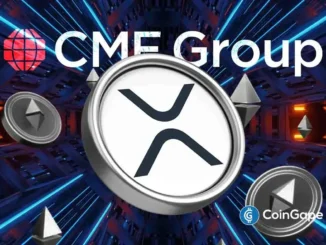 Logo do CME Group com símbolo XRP centralizado e tokens Ethereum flutuando em um ambiente tecnológico com luzes azuis e vermelhas.