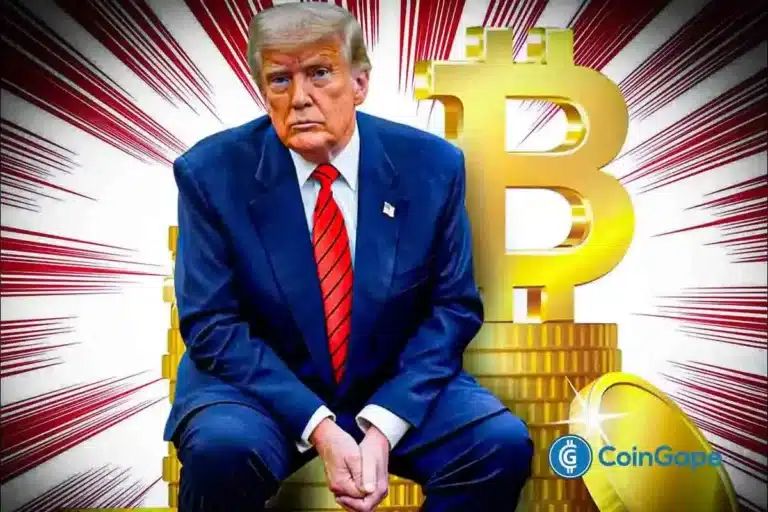 Donald Trump sentado ao lado do símbolo do Bitcoin com efeito radial vermelho ao fundo.