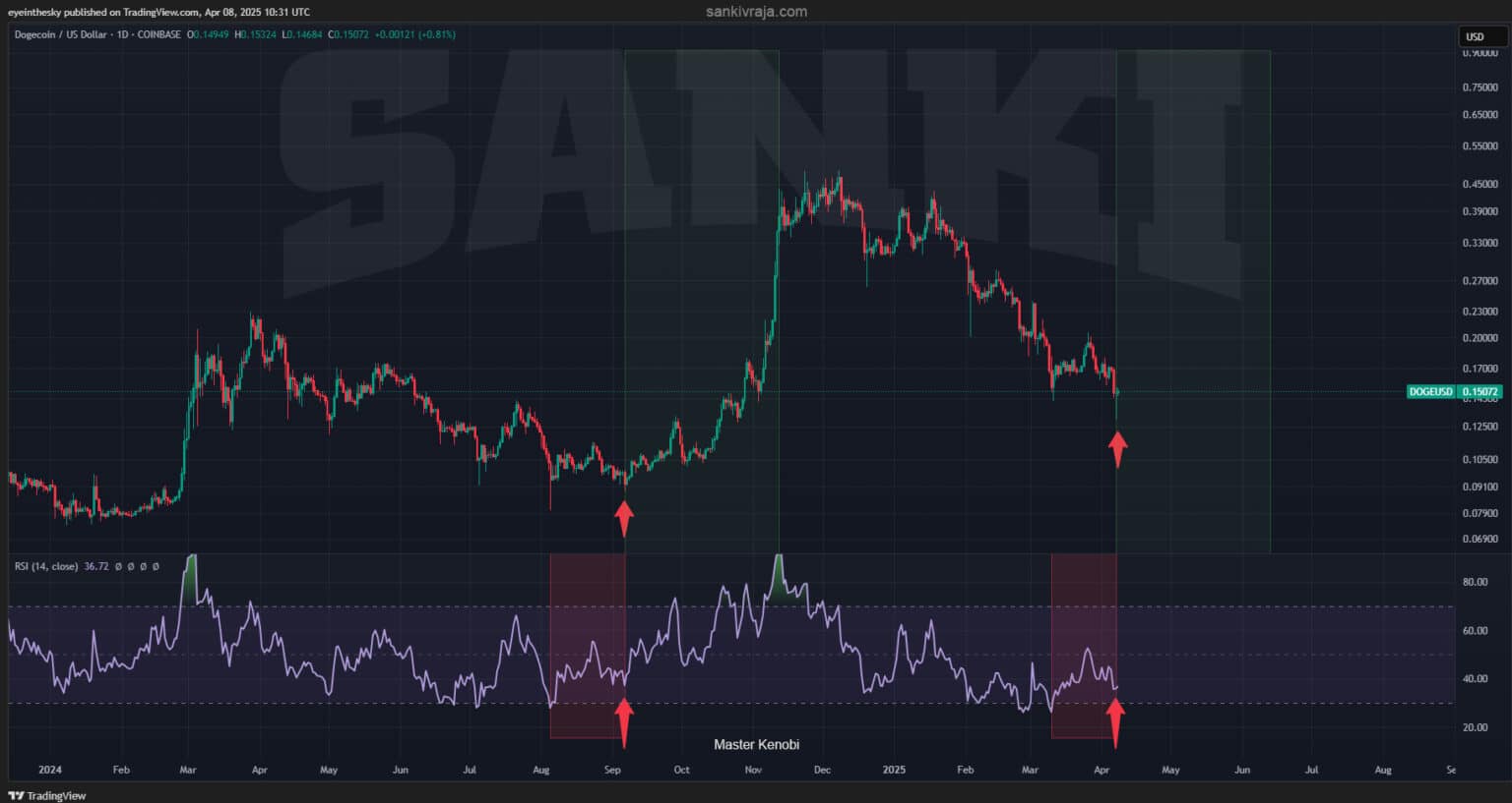 Gráfico diário do par DOGE/USD exibindo oscilações de preço entre 2024-2025 com indicador RSI e marcações de pontos de reversão.