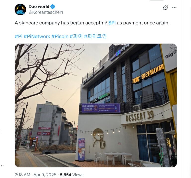 Tweet de @Koreanteacher1 mostrando estabelecimento comercial na Coreia do Sul que aceita Pi Coin.
