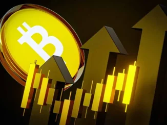 Moeda de Bitcoin dourada com gráfico de candles e seta para cima, indicando tendência de valorização no mercado de criptomoedas.