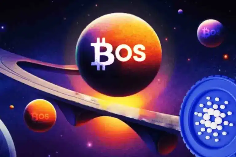 Imagem conceitual mostrando planetas com logos da BitcoinOS e Cardano conectados no espaço, representando a transferência sem intermediários entre blockchains.