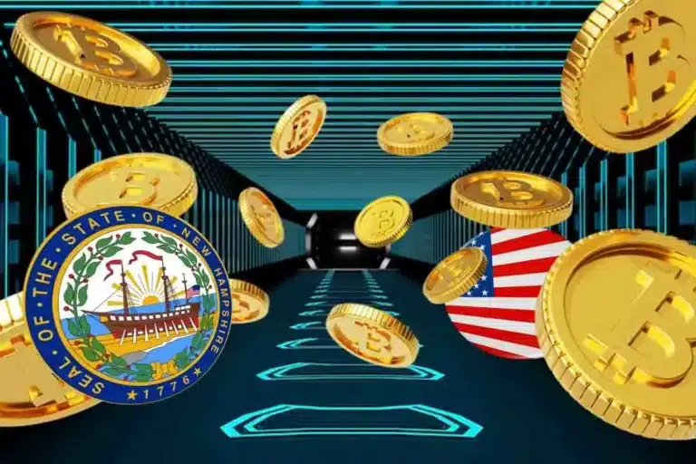 Ilustração digital mostrando moedas de Bitcoin douradas junto com o selo oficial de New Hampshire e símbolos da bandeira americana em um corredor digital com efeito de túnel azul.