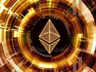 Símbolo do Ethereum em dourado com efeito circular luminoso em fundo escuro.