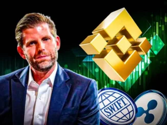 Eric Trump à esquerda, com o logotipo dourado da Binance e os símbolos da SWIFT e Ripple sobre um fundo escuro com gráficos de mercado verdes.