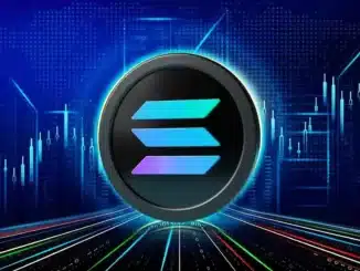 Logo da Solana com três barras horizontais azuis em gradiente sobre fundo de gráficos de trading.