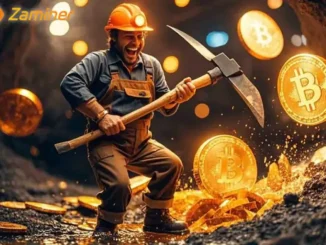 Representação conceitual de um minerador com picareta extraindo bitcoins.