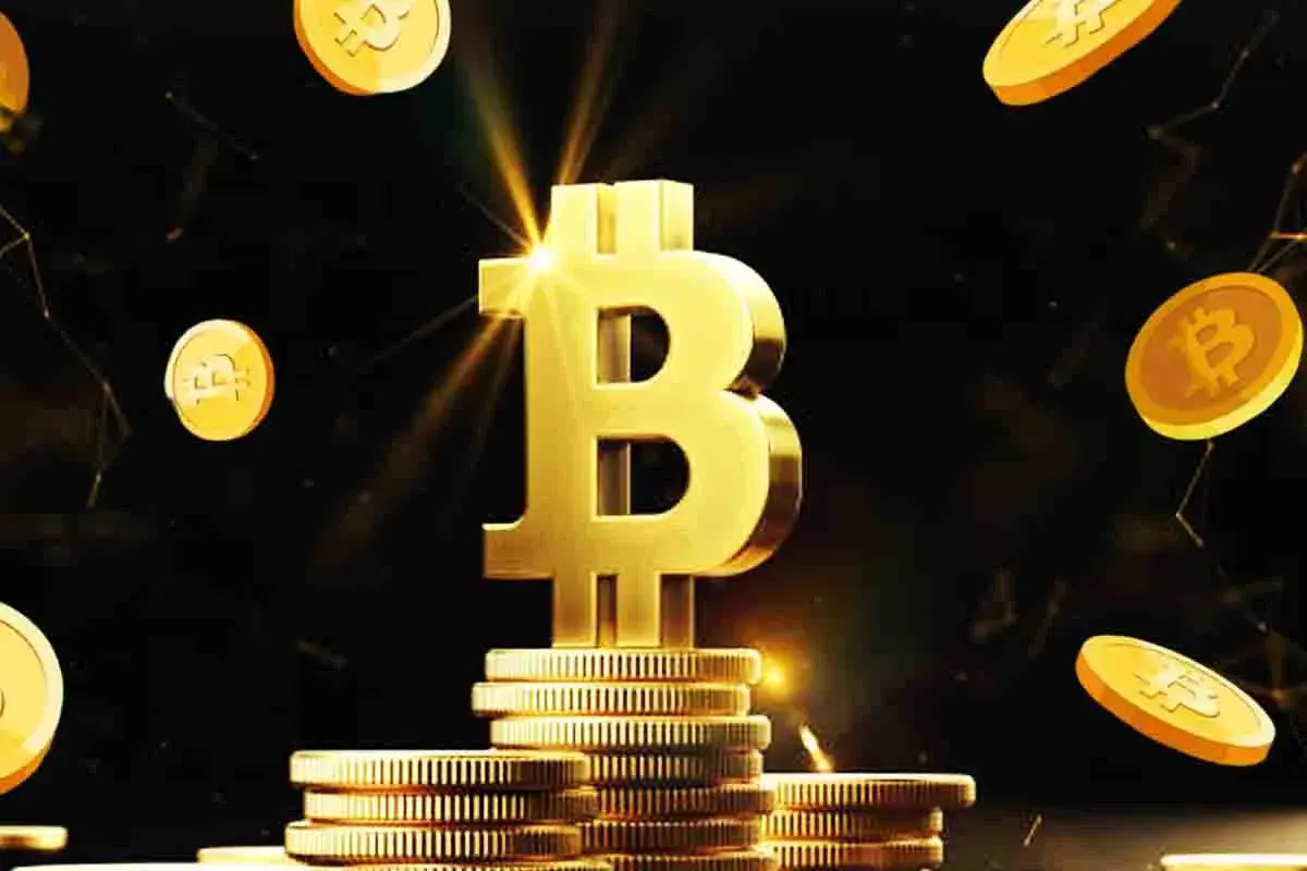 Símbolo do Bitcoin dourado em destaque com moedas de Bitcoin flutuando ao redor em um fundo escuro com feixes de luz.