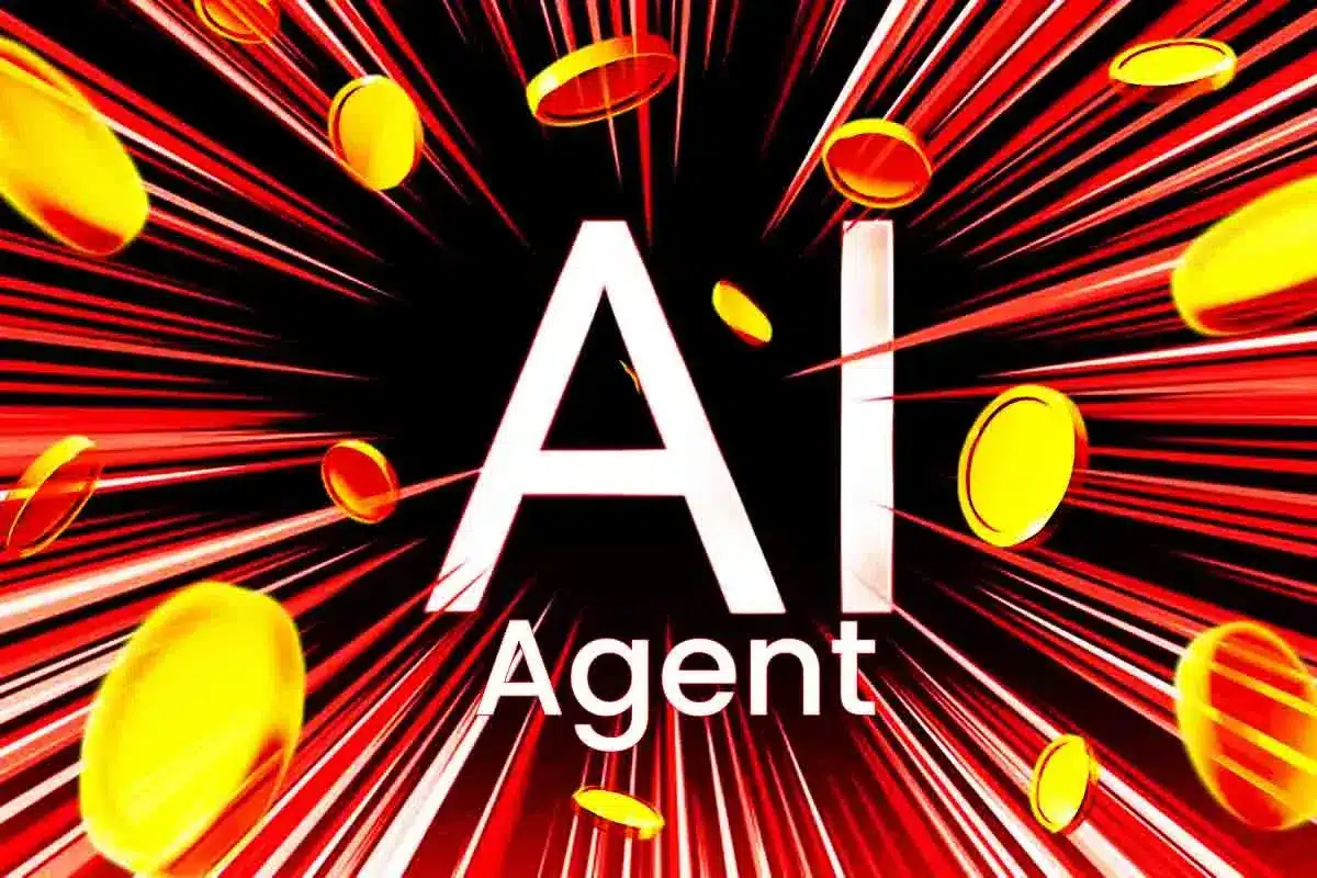 Imagem ilustrativa mostrando as letras "AI Agent" cercadas por moedas digitais em um fundo vermelho com efeito de velocidade.