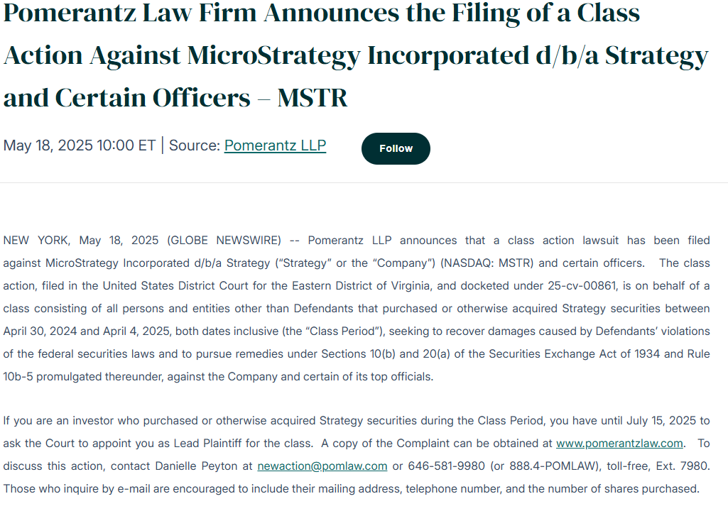 Anúncio oficial do processo contra a MicroStrategy pelo escritório Pomerantz LLP.