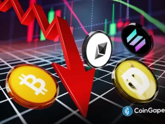 Ilustração mostrando Bitcoin, Ethereum, Dogecoin e Solana em queda com gráfico negativo em vermelho.