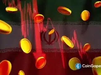 Ilustração digital mostrando moedas douradas caindo sobre a bandeira iraniana com efeitos luminosos vermelhos, representando impacto econômico.