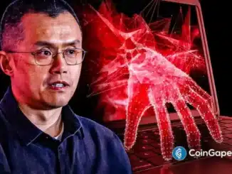 Changpeng Zhao com expressão preocupada ao lado de ilustração digital de mão vermelha atacando laptop, simbolizando ameaças cibernéticas.