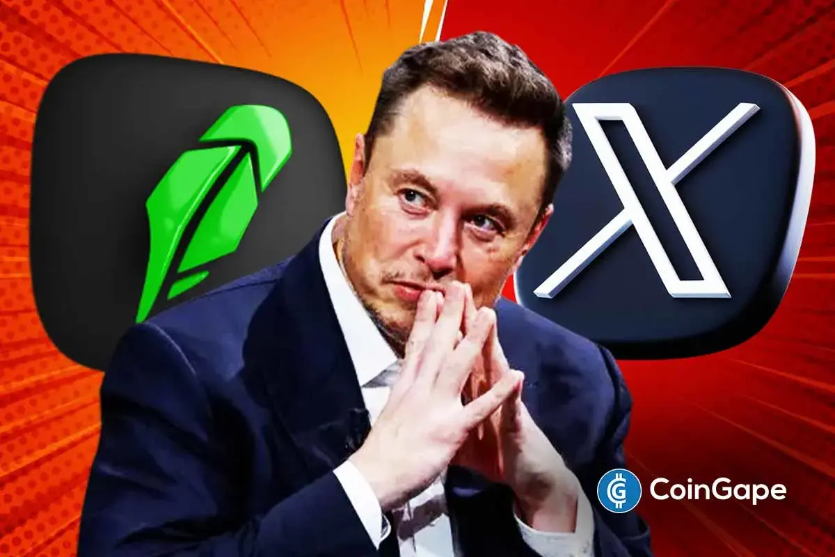Elon Musk com gesto pensativo entre os logos do Robinhood e X, ilustrando a entrada da plataforma no mercado de serviços financeiros.