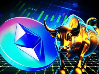 Imagem 3D do logo do Ethereum ao lado de touro dourado sobre grade digital com gráficos verdes no fundo.
