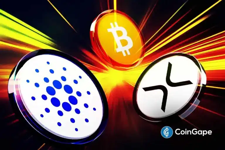 Logos do Bitcoin, Cardano e Midnight com feixes de luz amarelos e vermelhos em fundo escuro.
