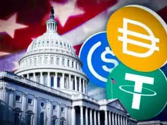 apitólio dos Estados Unidos com bandeira americana ao fundo e logos de stablecoins DAI, USDC e Tether em primeiro plano, representando a discussão regulatória sobre criptomoedas estáveis no Congresso americano.
