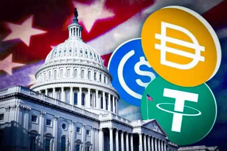 apitólio dos Estados Unidos com bandeira americana ao fundo e logos de stablecoins DAI, USDC e Tether em primeiro plano, representando a discussão regulatória sobre criptomoedas estáveis no Congresso americano.