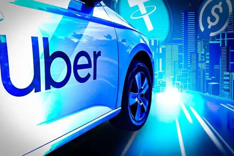 Carro da Uber em ambiente digital futurista com símbolos de criptomoedas e stablecoins.
