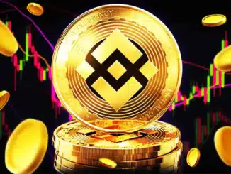 Moeda dourada BNB da Binance flutuando sobre pilha de moedas com gráfico de candlesticks colorido ao fundo.