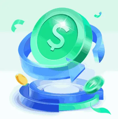 Ilustração 3D mostrando uma moeda verde com símbolo de dólar cercada por anéis azuis em movimento, simbolizando circulação de capital e investimentos.