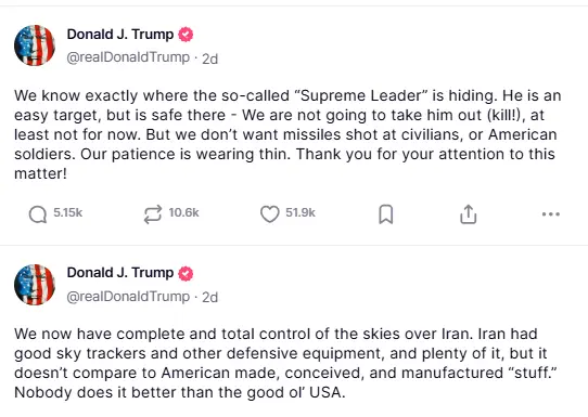 Posts de Trump sobre controle aéreo americano no Irã.