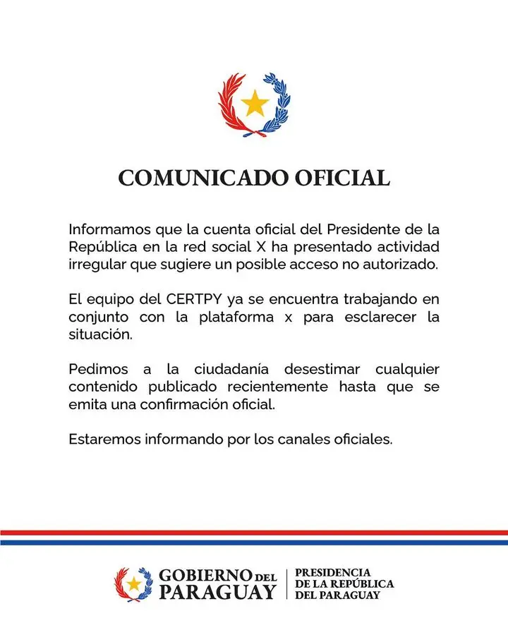 Documento oficial da presidência paraguaia informando sobre atividade irregular na conta do presidente no X e trabalho conjunto com a plataforma para esclarecimentos.