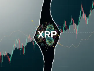 Logo XRP centralizado sobre gráficos de candlesticks com efeito visual de ruptura