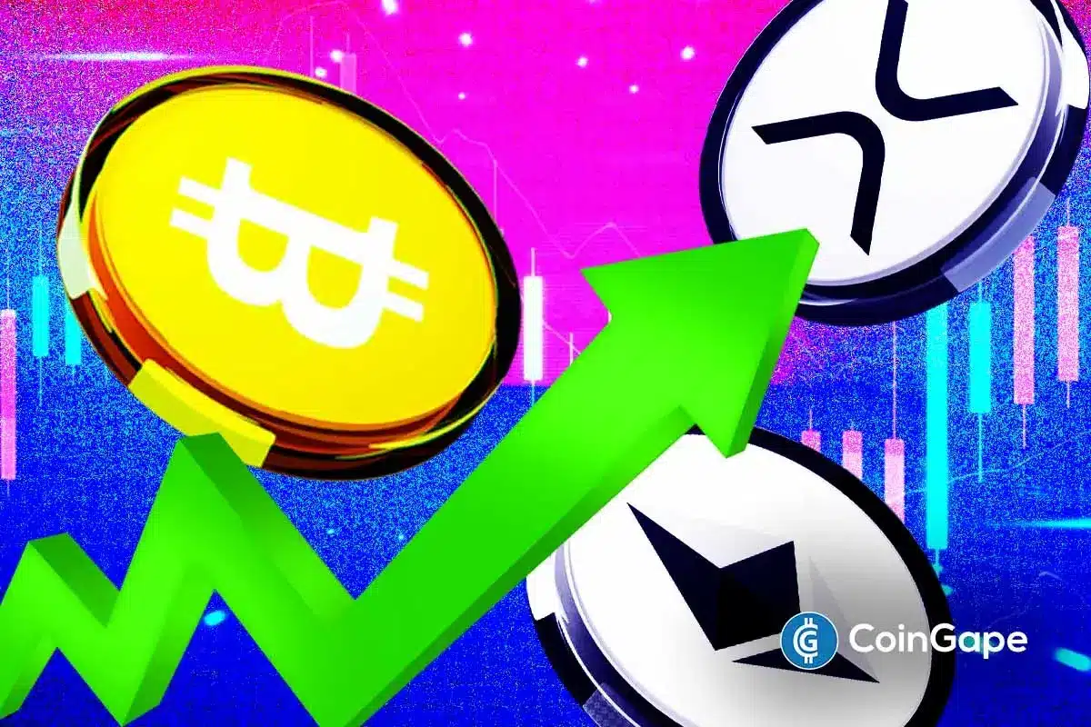 Ilustração mostrando Bitcoin, Ethereum e outras criptomoedas com seta verde de alta sobre gráfico de trading.