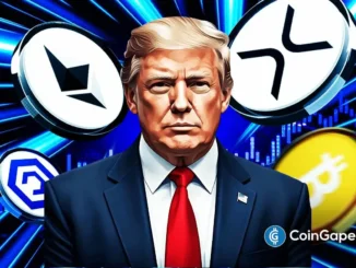 Ilustração digital de Donald Trump em terno azul com gravata vermelha cercado por símbolos de criptomoedas incluindo Bitcoin, Ethereum e outras moedas digitais em fundo azul com efeitos luminosos.