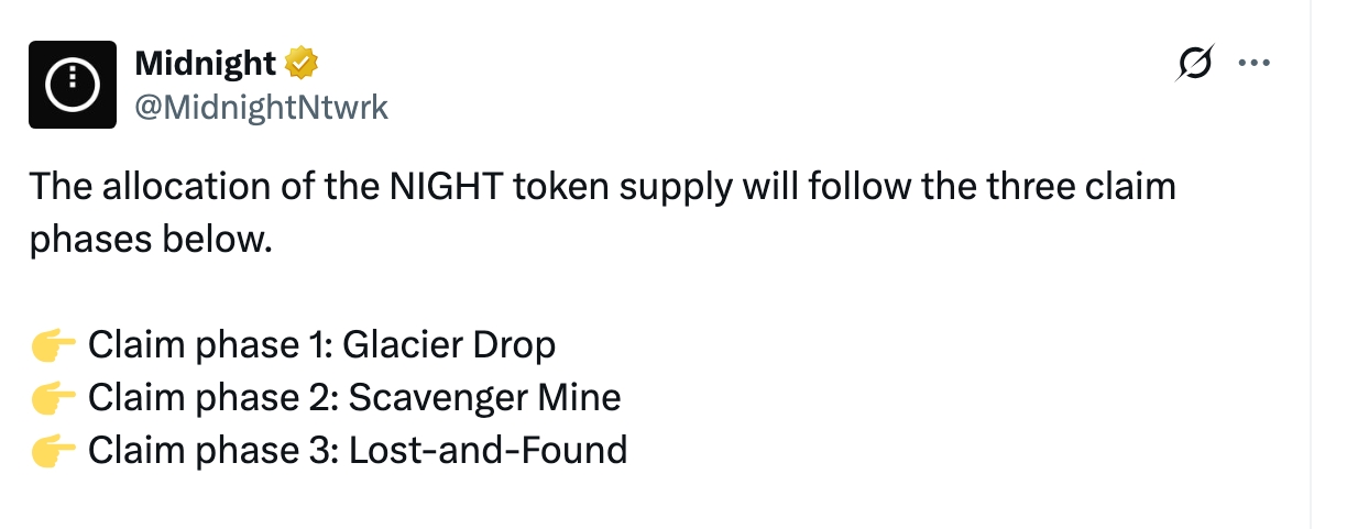 Captura de tela do tweet da conta oficial @MidnightNtwrk explicando as três fases de distribuição dos tokens NIGHT do airdrop Glacier.