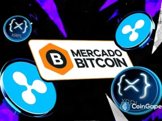 Logo do Mercado Bitcoin centralizada cercada por símbolos do XRP e XRPL em fundo roxo e preto com marca da CoinGape.