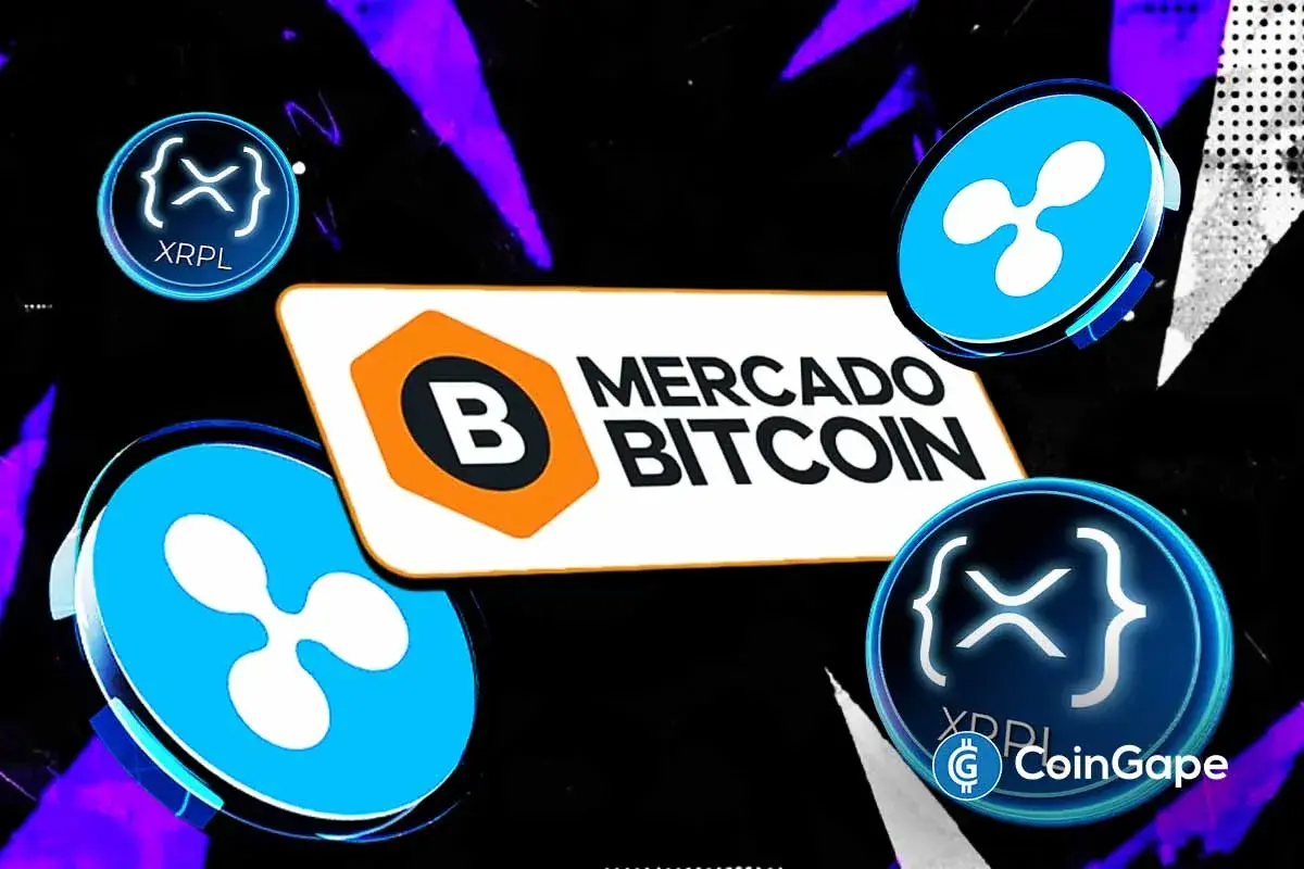 Logo do Mercado Bitcoin centralizada cercada por símbolos do XRP e XRPL em fundo roxo e preto com marca da CoinGape.
