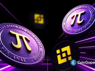Moedas da Pi Network com símbolo π dourado em fundo roxo com efeitos de luz e logo da Binance ao fundo.