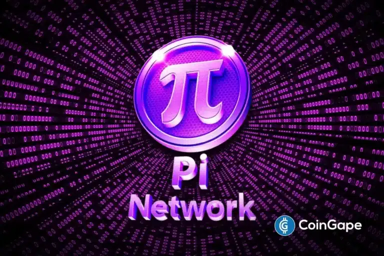 Logotipo da Pi Network com símbolo pi roxo brilhante sobre fundo de código binário em padrão radial.