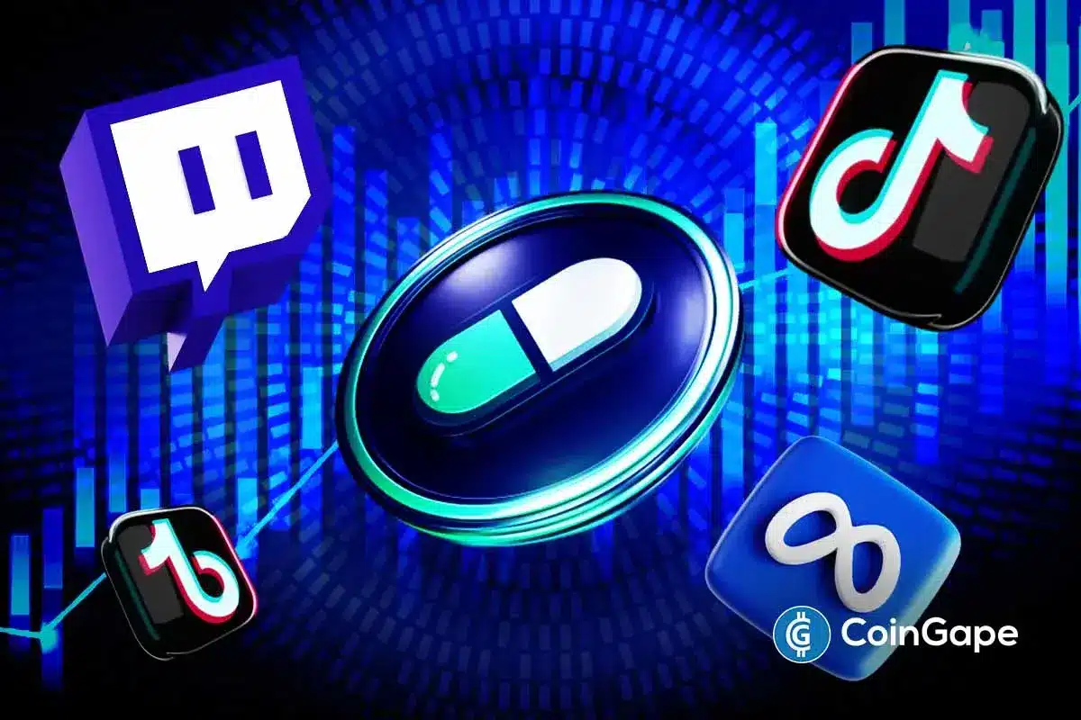 Imagem artística com logos do Twitch, TikTok, Meta e outras plataformas sociais em fundo azul com elementos gráficos digitais.