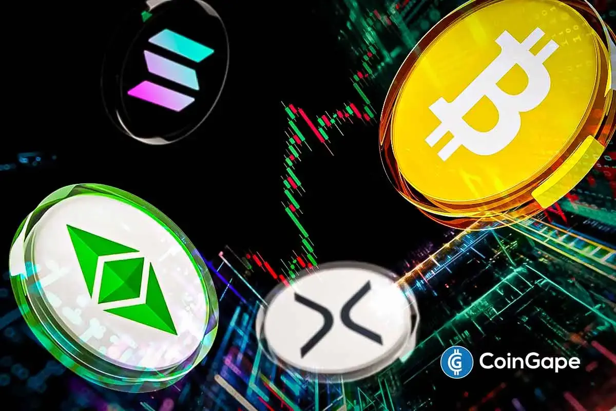 Moedas de Bitcoin, Ethereum, Solana e outras criptomoedas sobre gráficos financeiros coloridos.