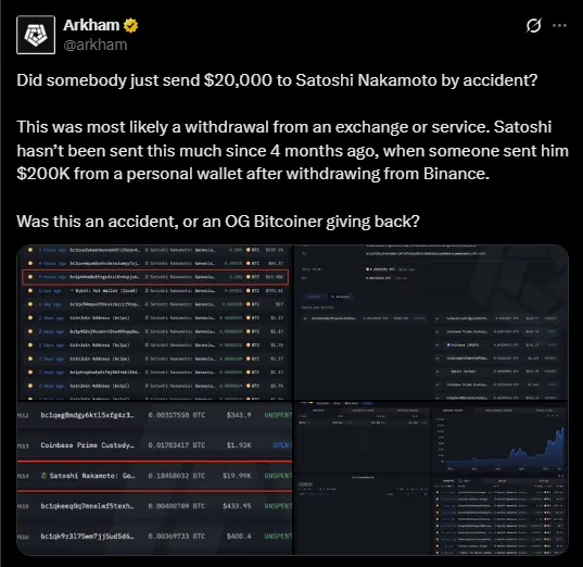 Postagem da Arkham Intelligence especulando sobre motivos da transferência de US$ 20 mil