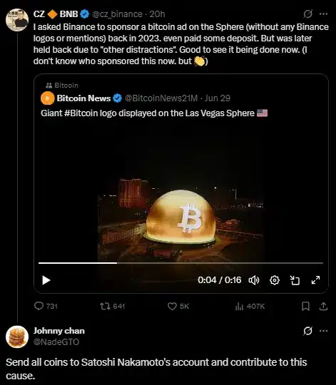 Postagem de CZ sobre logo do Bitcoin na Las Vegas Sphere com resposta sugerindo doação