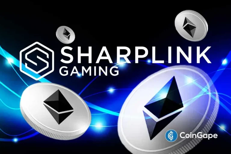 Logotipo da SharpLink Gaming com moedas de Ethereum flutuando em fundo azul tecnológico.