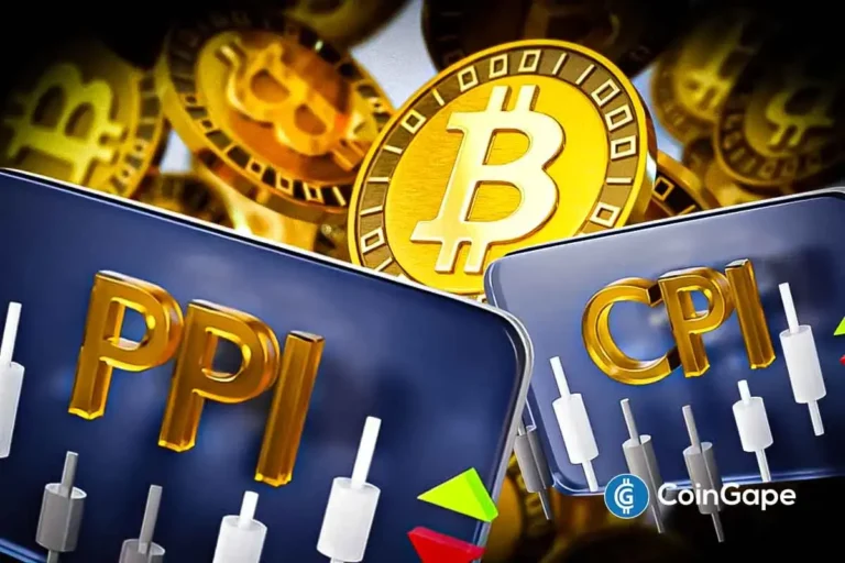 Imagem 3D com símbolo Bitcoin dourado e letras PPI e CPI em destaque com gráficos de velas ao fundo.