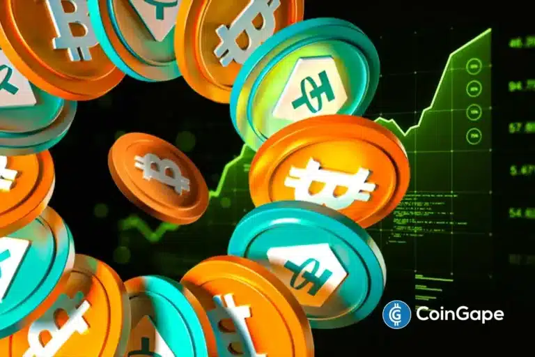 Ilustração 3D de moedas de Bitcoin e outras criptomoedas flutuando com gráficos verdes de crescimento ao fundo