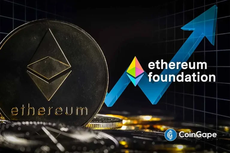 Logo do Ethereum com seta azul ascendente e texto "Ethereum Foundation" indicando movimento de alta no preço.